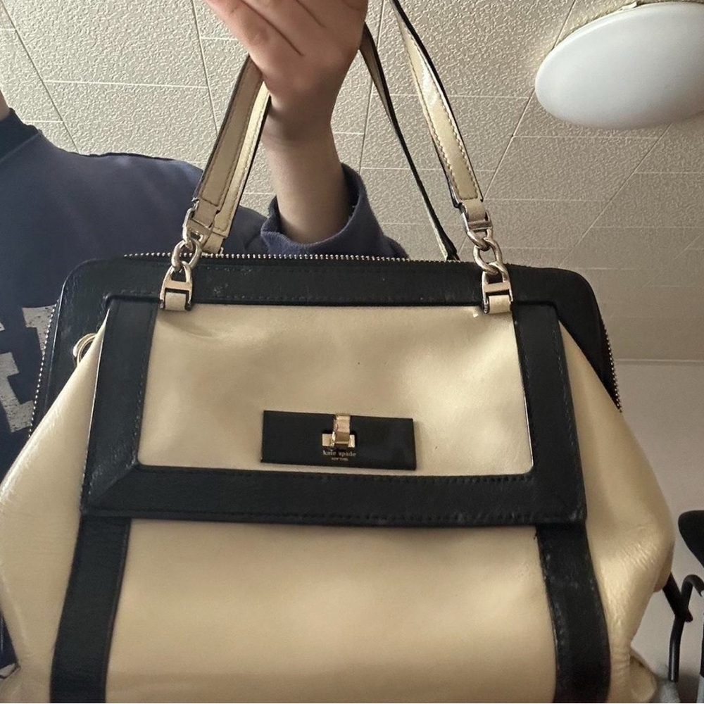 Kate Spade Cream and Black Satchel with Gold Hardware